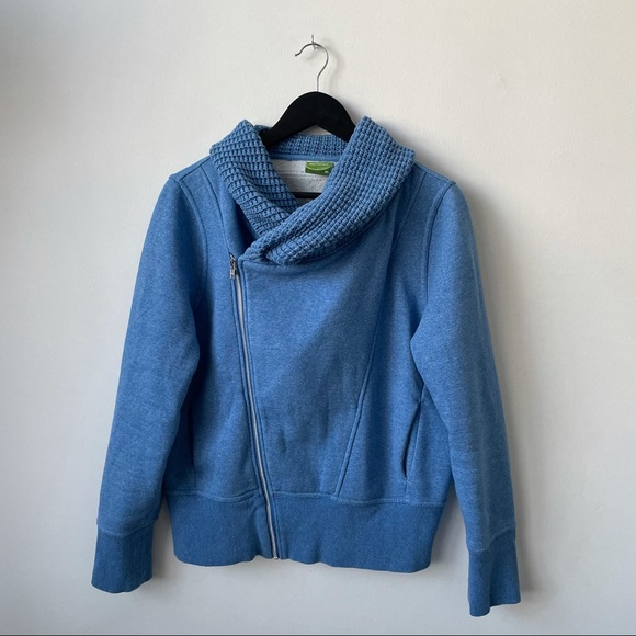Blue Asymmetrical Zip Sweatshirt with Knit Collar - Picture 2 of 12